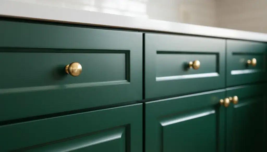 Close view of shaker cabinet doors in deep green satin enamel with brass knobs
