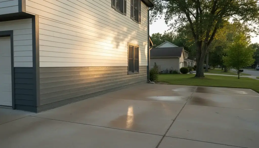 Pale lap siding and dark trim on a house side, low sun across a clean concrete driveway