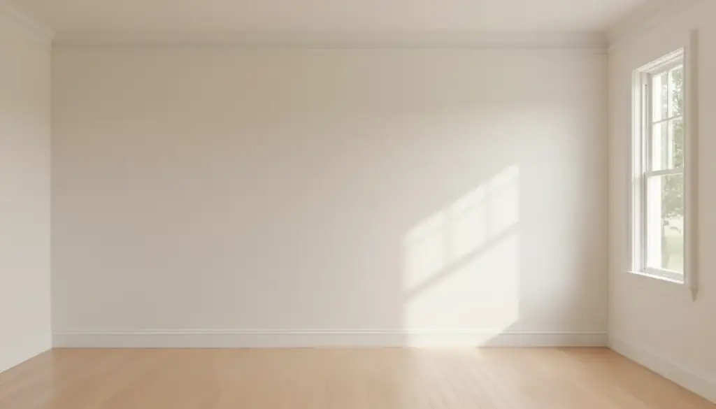 An empty room with smooth warm-white walls and white crown molding in afternoon light