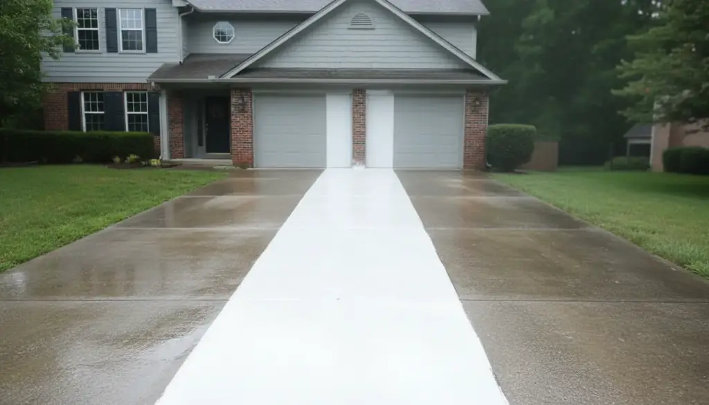 A concrete driveway with one freshly washed pale strip running up to a two-car garage